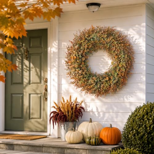32-Inch Large Fake Eucalyptus Fall Wreath for Front Door Decor - Orange Green