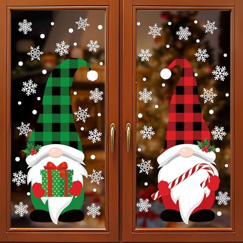 2 Sheets Christmas Window Clings Extra Large Gnome Window Decals Red Green Buffalo Plaid Gnome Windows Stickers Double Sided Christmas Snowflake Windows Clings for Xmas Holiday Home Office Glass Decor