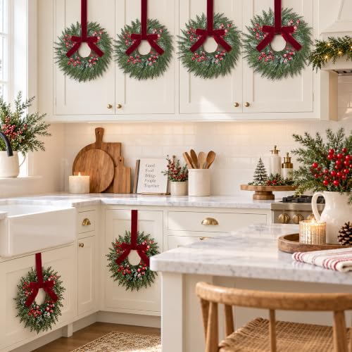 12Pcs 14" Mini Christmas Wreaths for Cabinets Small Wreaths with Velvet Bow