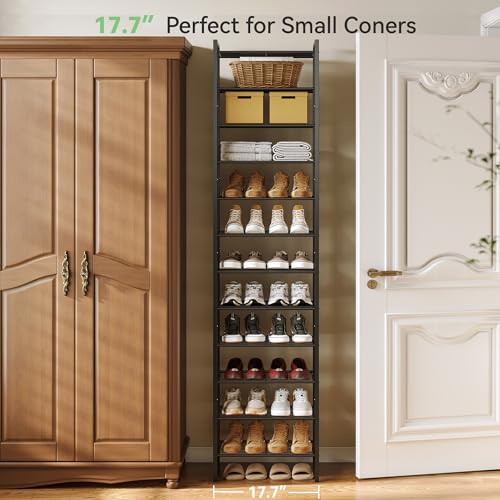 Nunsino Narrow 12-Tier Metal Shoe Rack - Black, Space-Saving Shoe Organizer for Closet & Entryway