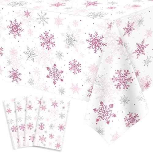 4PCS Christmas Snowflake Tablecloth Xmas Party Table Cover Pink Snowflake Table Cloth Christmas Theme Party Decorations Winter Holiday Supply 51X86IN