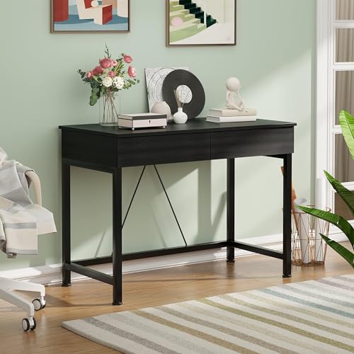 CAIYUN Small Computer Desk with Wooden Drawers - 39 Inch Black Home Office Table