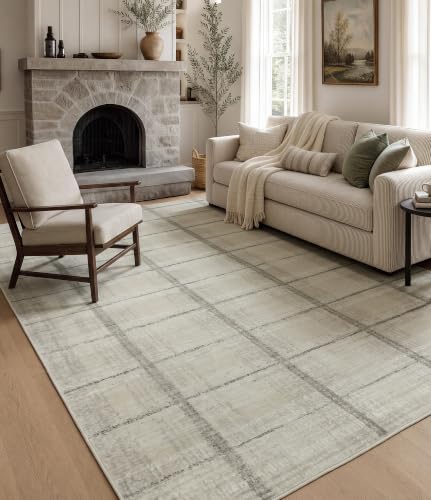 YIHOUSE 6' x 9' Beige Grey Distressed Plaid Area Rug for Living Room, Machine Washable