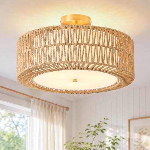 17.7 Inch Rattan Boho Ceiling Light with Fabric Diffuser - Brown, 3-Light Flush Mount