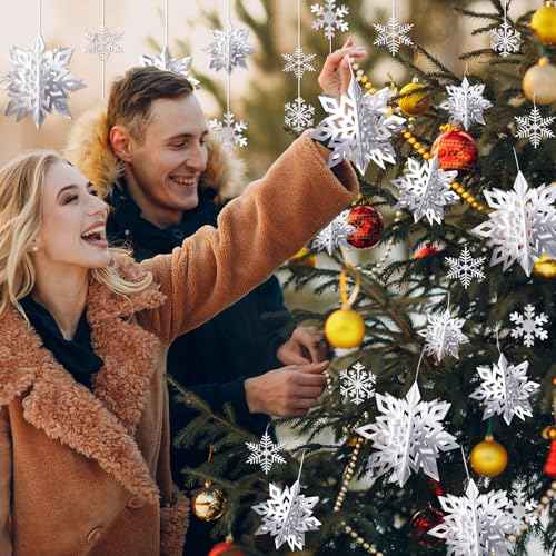 30pcs Paper Snowflakes Ornaments, 3D Silver Hanging Snowflake, Large Snowflake Garland for Christmas & New Year Party Decorations