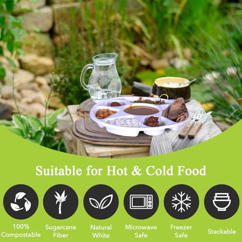 7 Compartment Bagasse Disposable Plates - Eco Friendly, 200 Count - Round