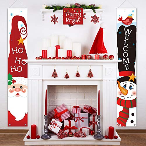 Sumind 3 Pieces Christmas Banner Decorations, Red Welcome Merry Christmas Porch Sign Bright Santa Claus Snowman Door Banner Hanging Decor for Winter Holiday Theme Party Supplies