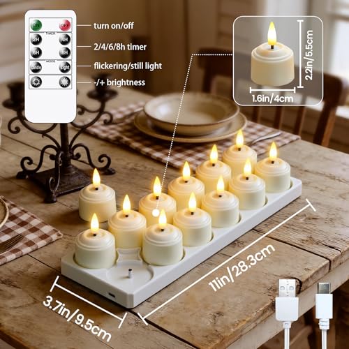 Rechargeable LED Tea Light Candles with Remote & Charging Station - Flameless Ivory Set of 12