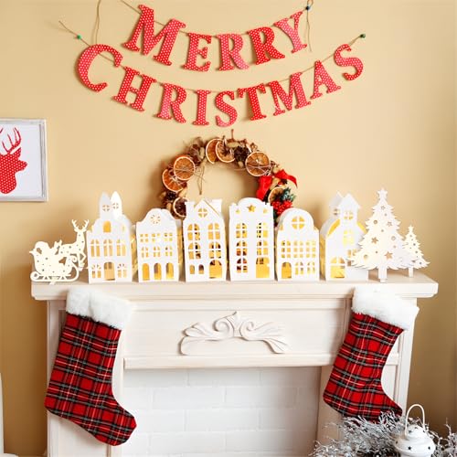 Christmas Village Houses Decor Set with Trees Reindeer Sleigh & Lights - Holiday Tabletop Display