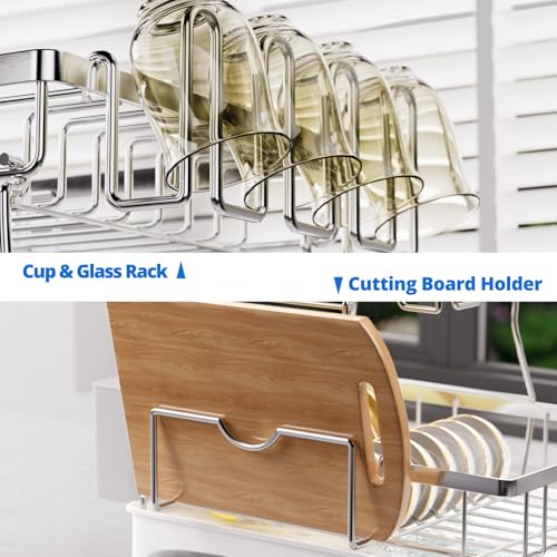 Godboat Silver 2-Tier Stainless Steel Dish Drying Rack with Auto Drain System