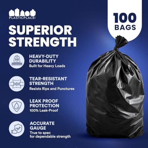 Plasticplace 64-65 Gallon Heavy Duty Trash Bags Rolls 1.2 Mil Black Fits Toter Can, 100 Count