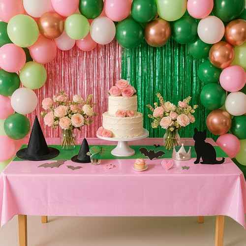 4Pcs 2in1 Witch Birthday Party Decorations Tablecloth, 54" x 108" Pink and Green Kitchen Table Cloth Disposable Rectangle Plastic Table Cover for Kids Baby Shower Wedding Party Supplies