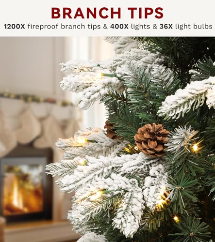 DWVO 7.5ft Flocked Alaska Pine Christmas Tree with Snow, Pine Cones & 400 LED Lights, Remote Control