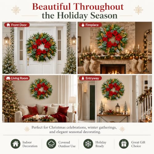 28-Inch Christmas Wreath for Front Door with Red Poinsettia & Rose Accents