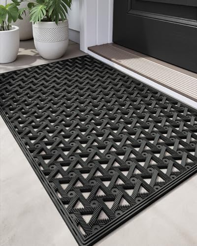 DEXI Black Outdoor Rubber Front Door Mat 24x36 Inch Non Slip Doormat