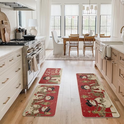 Red Let It Snow Snowman Cardinal Bird Kitchen Rugs 3-Piece Set 17"x29"+17"x36"+17"x47"