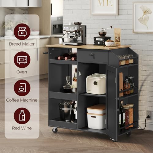 Kitchen Island Cart with Power Outlet and Storage - Black & Natural Finish