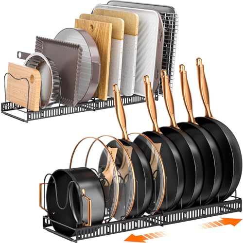 MUDEELA Expandable Pot Pan Lid Organizer Rack 2-Pack Black with 10 Dividers