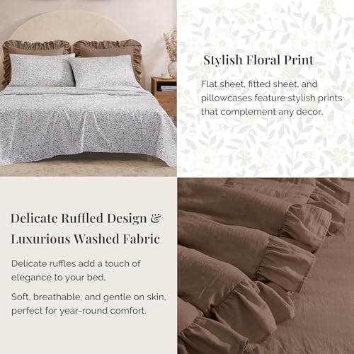 BLOOMHAVEN King Size Comforter Set Amber Brown - 7 Pieces Ruffle Floral Bedding