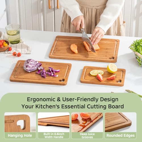 Bamboo Cutting Boards Set of 3 with Storage Stand - Reversible Chopping & Charcuterie Boards for Kitchen
