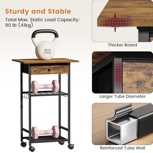 Draelibor Rustic Brown 4-Tier Microwave Cart with Adjustable Shelf & Drawer - Kitchen Utility Storage Stand