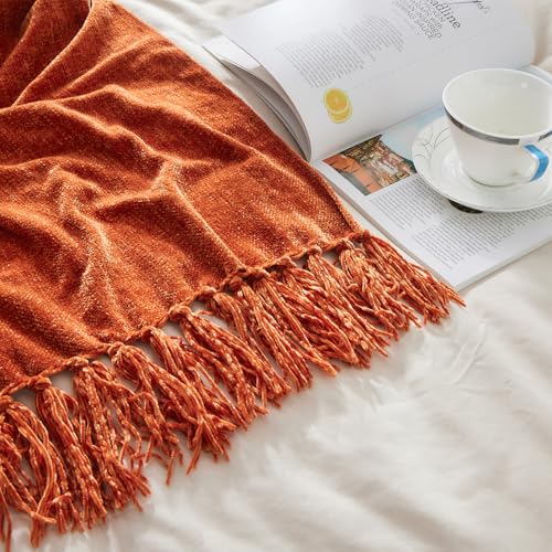Chenille Throw Blanket 60x80 Inches with Rust Orange Fringe - Soft & Stylish