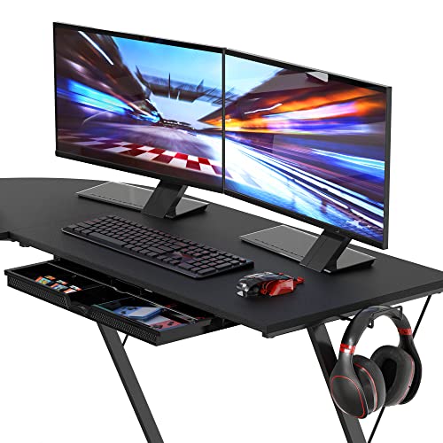 SHW Black 51x51 L-Shaped Corner Desk with Monitor Stand & Drawer