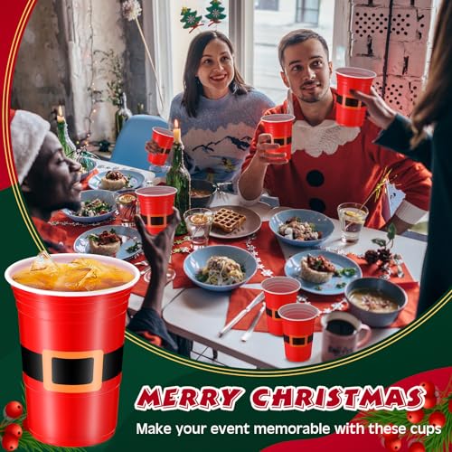 Baderke 16oz Christmas Plastic Cups with Santa Belt Design - Pack of 100