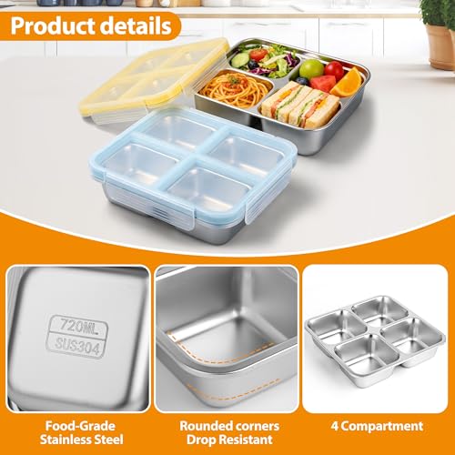 4 Pack Stainless Steel Snack Containers with Lids - 4-Compartment Leakproof Bento Boxes - Reusable Dishwasher Safe Food Storage - Variation: 4pack-a
