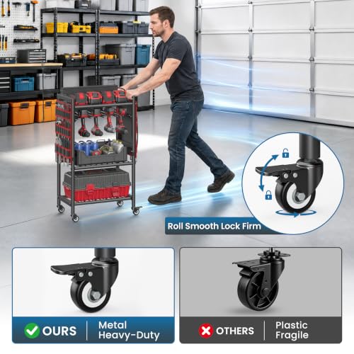 Power Tool Organizer Cart with Charging Station, 8 AC Outlets, 6.5 FT Cord