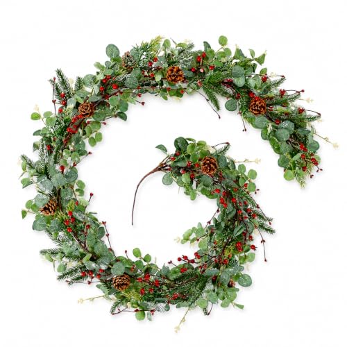 YLOLUL 6.5 Ft Artificial Eucalyptus Garland with Red Berries & Pinecones Pinecone Variant for Christmas Holiday Home Decor