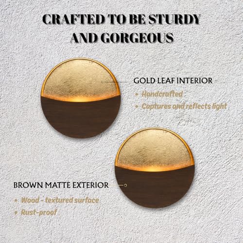 Batoslee Eclipse Wall Candle Sconce Set of 2 – Brushed Woodgrain with Gold Interior
