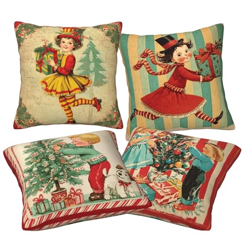 Retro Christmas Throw Pillow Covers Set of 4 - Winter Decorative Linen Cushions 18x18
