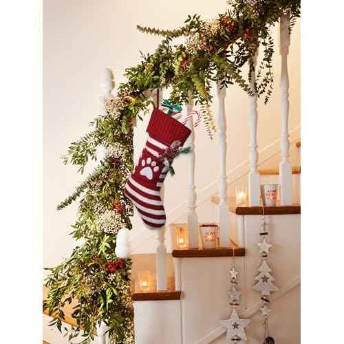 Large Christmas Stockings Xmas Fireplace Hanging Stockings Burgundy Red Knit Stocking White Stripes Stockings Gift Holding Bag for Home Christmas Decorations Party Favor Supplies