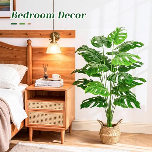 Der Rose 44-Inch Tall Artificial Monstera Tree with Round Woven Basket - Home Decor