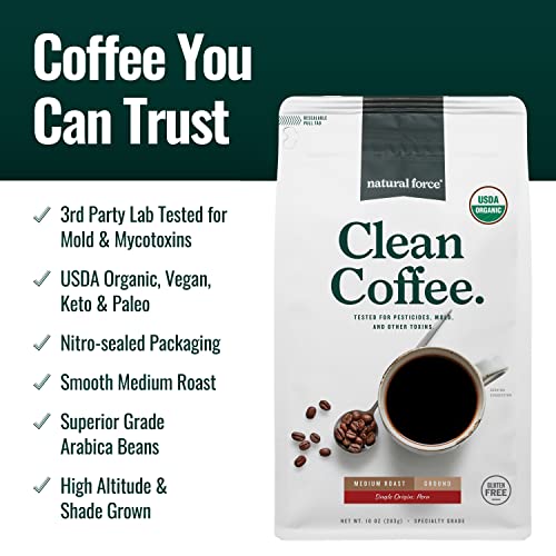 Natural Force Organic Mold-Free Medium Roast Ground Coffee 10 oz - Toxin-Free, Low Acid, High Antioxidant