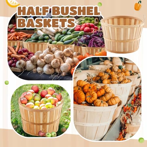 6 Pack Natural Wood Half Bushel Baskets with Metal Handles for Harvest & Storage - 14 x 9.5 Inches