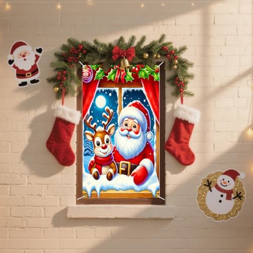 Cmialusie Colorful Santa and Reindeer Window Banner Christmas Decor 31.5x47.2in