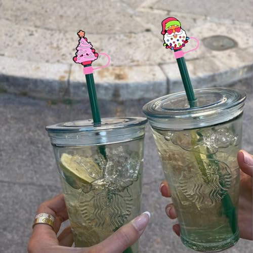 KSTBJN Christmas Straw Covers 6 Pack - Santa & Xmas Design, 10mm Fits Stanley Cups, Reusable Pink Straw Toppers, Holiday Drink Accessories (Style 1)
