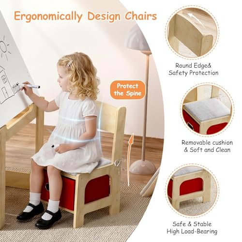 Kids Wooden Activity Table and 2 Chairs Set - Adjustable Doodle Surface, Storage, Safety Hinges, Burlywood, Red/Yellow
