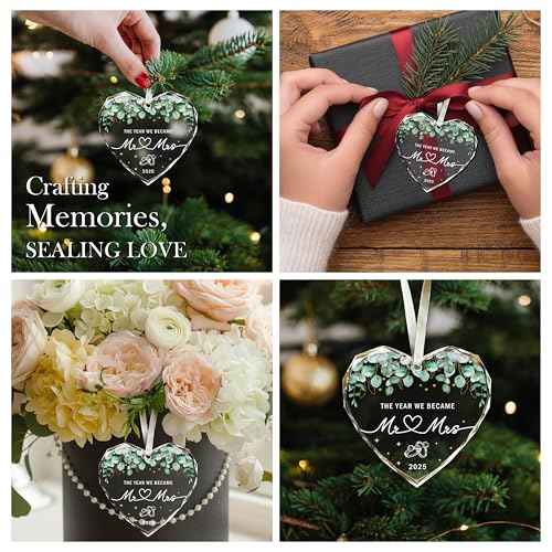 Mr and Mrs Glass Ornament-Wedding Gifts for Couples, Bridal Shower Present for Bride, 1st Married Heart Shape Ornament