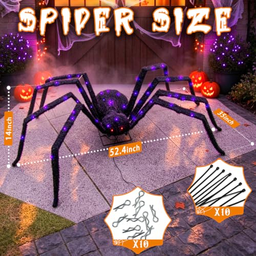 Giant Halloween Spider Decor 4.3Ft Lighted Black Metal with 6 Lighting Modes & 100 LED Purple Lights