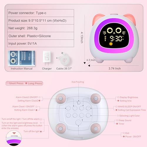 ANALOI Pink Kids Alarm Clock with Ok to Wake & Sleep Training for Girls