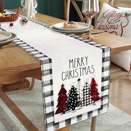 Black White Waterclor Buffalo Plaid Christmas Trees Christmas Table Runners, 72x13Inch Holiday Table Runners Christmas Buffalo Plaid Table Decorations for Home Party Decor