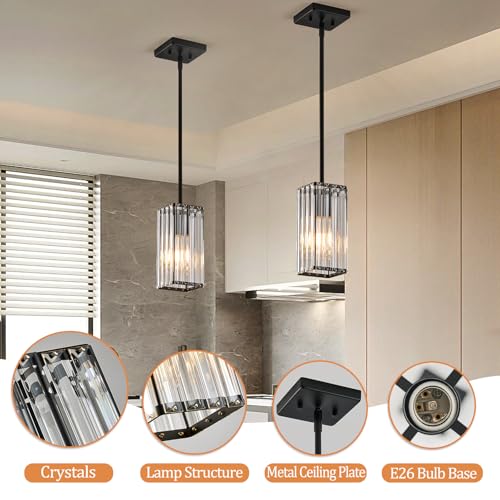 Black 3-Pack Crystal Pendant Lights for Kitchen Island Dining Room Adjustable Hanging Fixture