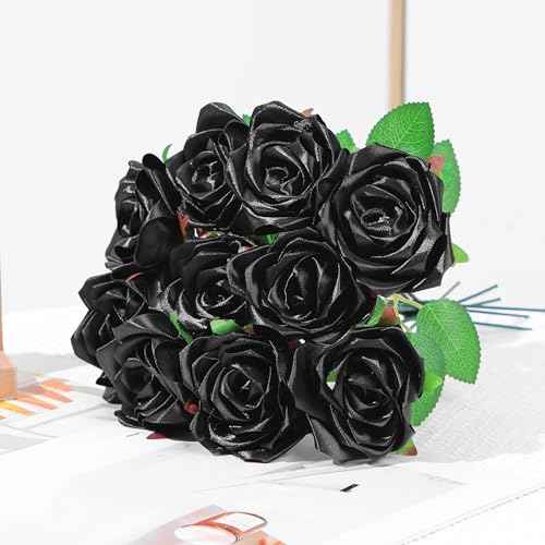 100Pcs Pre-Shaped Satin Ribbon Petals, DIY Forever Rose Making Supplies for Wedding Decor, Christmas, Mother's Day Gifts (Black)