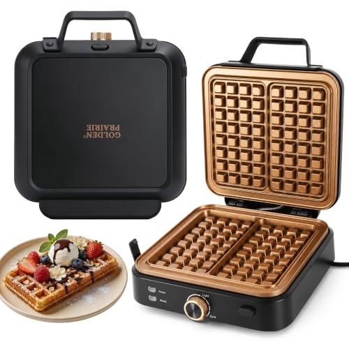 Large Belgian Waffle Maker with Copper-Coated Non-Stick Plates & Stepless Temp Control