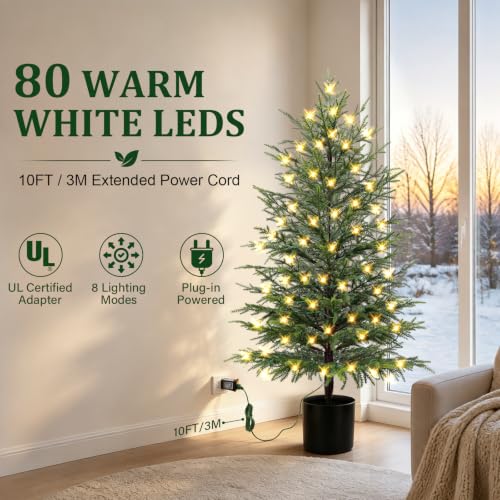 ENVEN 4FT Prelit Norfolk Pine Christmas Tree – Real-Touch Artificial Cedar with 80 LED Lights, 8-Function Plug-in, Potted Faux Tree (4ft-1 Pack)