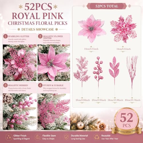 52 Pcs Christmas Picks and Sprays Artificial Floral Pick, Pink
