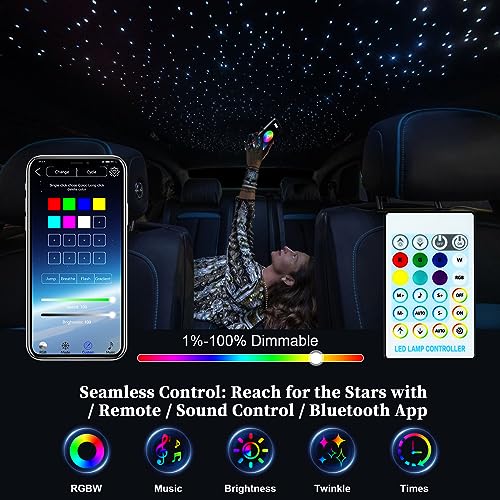 Fiber Optic Star Light Kit for Car Interior Ambient Lighting 750 Strands 9.8ft - RGBW, Music Sync, Remote & App Control, Includes 16W Engine - Variation of 750pcs 0.03in x 9.8ft